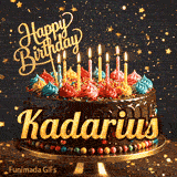 Shimmering animated card featuring a detailed chocolate cake and the name Kadarius for his birthday celebration.