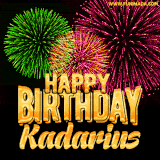 A captivating GIF with bursts of green, pink, and orange fireworks lighting up the night sky, accompanied by 'Happy Birthday Kadarius' in glowing golden text.