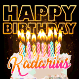 A vibrant animated GIF featuring a delicious birthday cake topped with glowing candles and the name 'Kadarius' in elegant script, and the words 'Happy Birthday' on the black background.