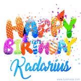 Animated GIF with colorful, festive 'Happy Birthday Kadarius' text decorated with patterns, a party hat, and falling confetti. A vibrant and cheerful design for birthday celebrations.