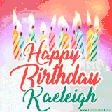 Bright birthday candles with rainbow flames on a cake, alongside the text 'Happy Birthday Kaeleigh' in vibrant script in this celebratory animated GIF.