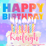 A vibrant animated name GIF with the words 'Happy Birthday Kaeleigh' with colorful candles on a creamy cake. The background sparkles with pastel shades, adding a festive touch.