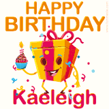 A vibrant and funny gift box character with a happy face dancing with a cupcake and the text 'Happy Birthday Kaeleigh,' surrounded by animated confetti and party vibes.