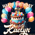 Hand-drawn happy birthday cake adorned with an arch of colorful balloons - name GIF for Kaelyn