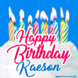 A cheerful animated GIF featuring colorful lit birthday candles on a white cake, with the text 'Happy Birthday Kaeson' in bold red and blue script on a bright blue background.