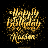 Animated GIF with colorful, festive 'Happy Birthday Kaeson' text decorated with patterns, a party hat, and falling confetti. A vibrant and cheerful design for birthday celebrations.