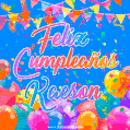A vibrant animated GIF with 'Feliz Cumpleaños Kaeson' written in colorful script, surrounded by balloons, confetti, and bunting on a bright blue background.