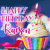 A festive animated GIF featuring a colorful cupcake with a single lit candle, sprinkles, and 'Happy Birthday Kaeson' text against a sparkling, celebratory background.