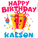 A funny animated birthday GIF with the words 'Happy Birthday Kaesona', colorful gift box with arms and legs, holding a cupcake with a lit candle  with confetti everywhere.