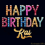Vibrant luxury birthday greeting card for Kai, showing glittering gemstone letters and golden calligraphy on a dark background with twinkling shine effects.