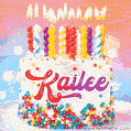 Personalized for Kailee elegant birthday cake adorned with rainbow sprinkles, colorful candles and glitter