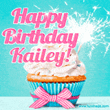 A festive cupcake with pink icing, a gingham bow, and a lit animated sparkler, paired with 'Happy Birthday Kailey!' in bright pink text.