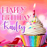 A vibrant birthday GIF featuring a rainbow-colored cupcake topped with white frosting, sprinkles, and a lit candle. The text reads 'Happy Birthday Kailey' in bold pink and violet letters with white outline.