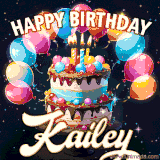 Bright birthday animation for Kailey with a chocolate cake, candles, balloons, and glowing celebratory lights.