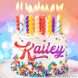 A cheerful white birthday cake with multicolor sprinkles, lit candles, and 'Kailey' written in vibrant letters, in an animated GIF.