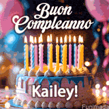 Birthday cake topped with pink and yellow lit candles, surrounded by glowing bokeh lights and party balloons. The greeting 'Buon Compleanno Kailey GIF!' is displayed.