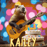 Animated birthday GIF showing a capybara playing guitar and singing beside a birthday cake with the name Kailey in large letters and colorful bokeh lights in the background.