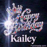 Cursive script encrusted with diamonds and multicolored jewels below a silver crown, made for Kailey's birthday.