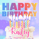 A vibrant animated name GIF with the words 'Happy Birthday Kailey' with colorful candles on a creamy cake. The background sparkles with pastel shades, adding a festive touch.