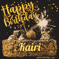 Celebrate Kairi's birthday with a GIF featuring chocolate cake, a lit sparkler, and golden stars