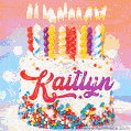 Personalized for Kaitlyn elegant birthday cake adorned with rainbow sprinkles, colorful candles and glitter