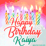 Bright birthday candles with rainbow flames on a cake, alongside the text 'Happy Birthday Kaiya' in vibrant script in this celebratory animated GIF.