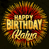 Golden 'Happy Birthday Kaiya' text accompanied by animated rainbow fireworks for a festive animated greeting.