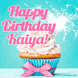 A festive cupcake with pink icing, a gingham bow, and a lit animated sparkler, paired with 'Happy Birthday Kaiya!' in bright pink text.