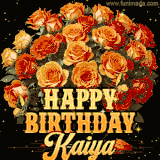 Animated bouquet of orange roses with moving butterfles and golden 'Happy Birthday Kaiya' text, surrounded by sparkling accents and a dark backdrop for a luxurious feel.