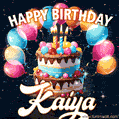 Hand-drawn happy birthday cake adorned with an arch of colorful balloons - name GIF for Kaiya