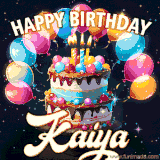 Bright birthday animation for Kaiya with a chocolate cake, candles, balloons, and glowing celebratory lights.