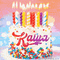 Personalized for Kaiya elegant birthday cake adorned with rainbow sprinkles, colorful candles and glitter