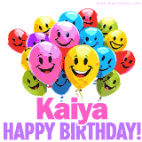 Animated colorful and joyful birthday balloons with cheerful smiles and a bright 'Happy Birthday Kaiya!' message in pink and purple.