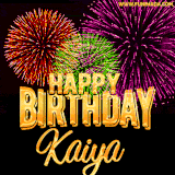 A golden 'Happy Birthday Kaiya' message with vibrant fireworks in the background, creating a festive and celebratory vibe in this animated name GIF.