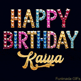 Vibrant luxury birthday greeting card for Kaiya, showing glittering gemstone letters and golden calligraphy on a dark background with twinkling shine effects.