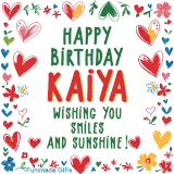 A colorful animated card for Kaiya’s birthday featuring playful hearts, cheerful flowers, and a handwritten message wishing smiles and sunshine.