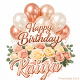 Beautiful pink and peach roses with gently moving Happy Birthday Kaiya text