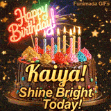 Glowing pink neon light topper saying Happy Birthday on a chocolate cake with the name Kaiya! on the front.