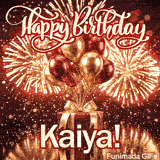 Shiny metallic balloons in gold and red floating above a red gift box with Kaiyas name in bold lettering at the bottom.