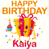 A vibrant and funny gift box character with a happy face dancing with a cupcake and the text 'Happy Birthday Kaiya,' surrounded by animated confetti and party vibes.