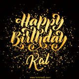 Animated GIF with colorful, festive 'Happy Birthday Kal' text decorated with patterns, a party hat, and falling confetti. A vibrant and cheerful design for birthday celebrations.