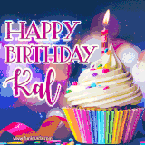 A festive animated GIF featuring a colorful cupcake with a single lit candle, sprinkles, and 'Happy Birthday Kal' text against a sparkling, celebratory background.