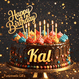 Close-up of a chocolate birthday cake with multi-colored frosting swirls, lit candles, and a glittering gold Happy Birthday sign with name Kal