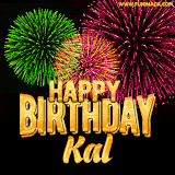 A captivating GIF with bursts of green, pink, and orange fireworks lighting up the night sky, accompanied by 'Happy Birthday Kal' in glowing golden text.