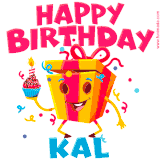 A funny animated birthday GIF with the words 'Happy Birthday Kala', colorful gift box with arms and legs, holding a cupcake with a lit candle  with confetti everywhere.