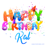 Animated GIF with colorful, festive 'Happy Birthday Kal' text decorated with patterns, a party hat, and falling confetti. A vibrant and cheerful design for birthday celebrations.