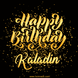 Animated GIF with colorful, festive 'Happy Birthday Kaladin' text decorated with patterns, a party hat, and falling confetti. A vibrant and cheerful design for birthday celebrations.