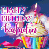 A festive animated GIF featuring a colorful cupcake with a single lit candle, sprinkles, and 'Happy Birthday Kaladin' text against a sparkling, celebratory background.