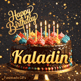 A personalized birthday cake for Kaladin on a gold platter, surrounded by falling golden star confetti.
