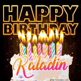 A vibrant animated GIF featuring a delicious birthday cake topped with glowing candles and the name 'Kaladin' in elegant script, and the words 'Happy Birthday' on the black background.